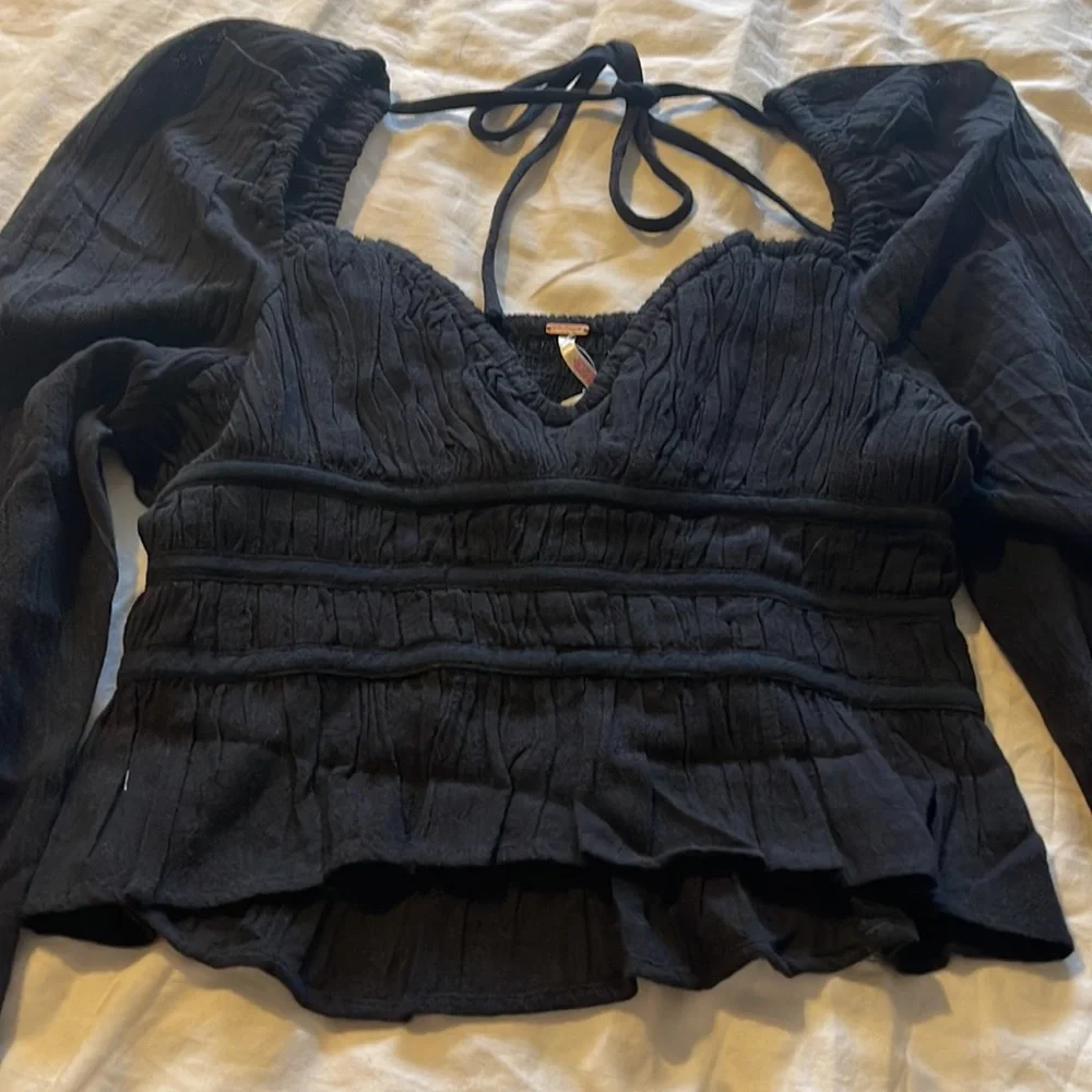 Free People Chloe Sweat heart Long‎ Sleeves Black Top